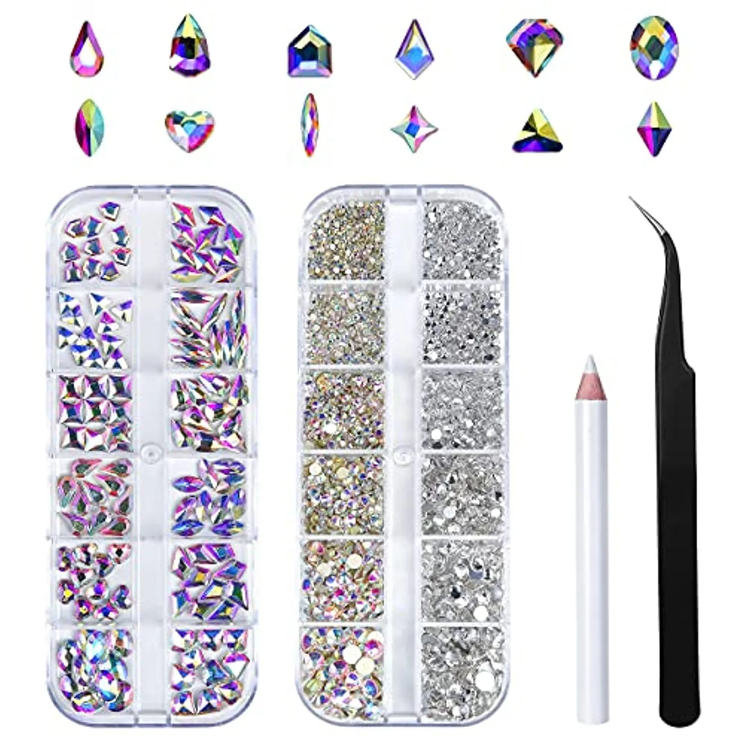 Nail Art Rhinestones Kit HUETFAT 120Pcs Multi Shapes Glass Crystal AB nail Stones 2 box 2400pcs Nail Gems AB Flatback Rhinestones With Pick Up Tweezer and Wax Pencil