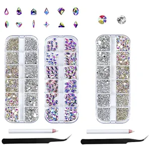 Nail Art Rhinestones Kit HUETFAT 120Pcs Multi Shapes Glass Crystal AB nail Stones 2 box 2400pcs Nail Gems AB Flatback Rhinestones With Pick Up Tweezer and Wax Pencil