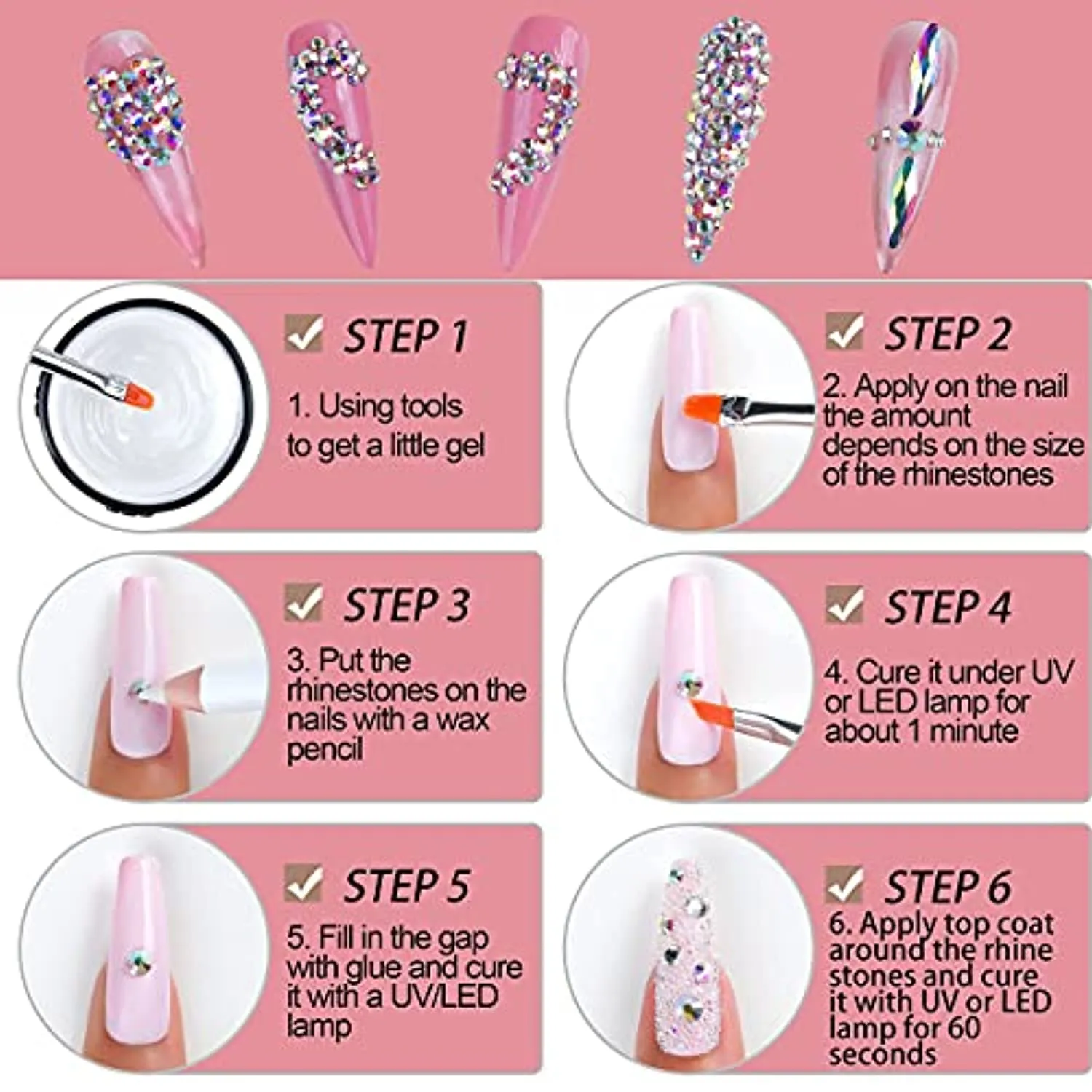 Nail Art Rhinestones Kit HUETFAT 120Pcs Multi Shapes Glass Crystal AB nail Stones 2 box 2400pcs Nail Gems AB Flatback Rhinestones With Pick Up Tweezer and Wax Pencil