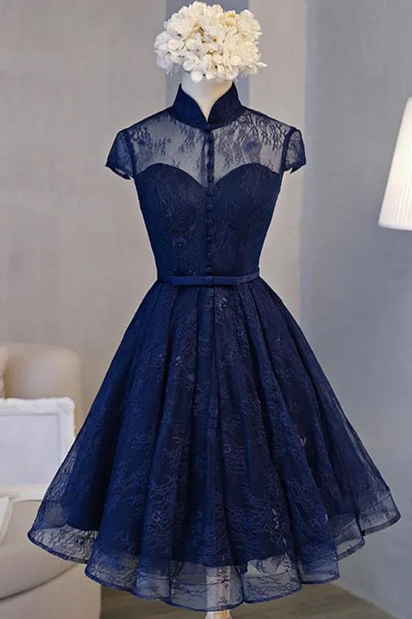 Navy Blue A-line High Neck Lace Short Sleeve Knee-length Homecoming Dresses, MH259