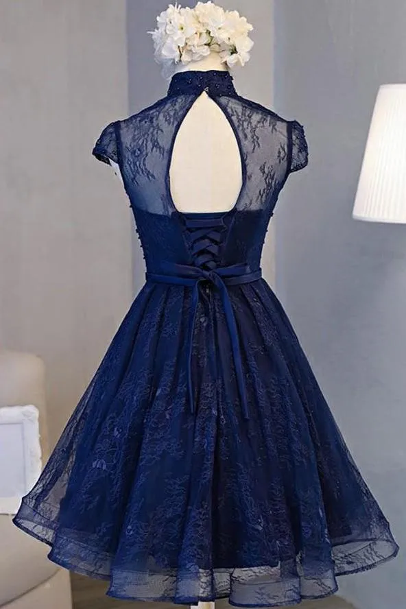 Navy Blue A-line High Neck Lace Short Sleeve Knee-length Homecoming Dresses, MH259