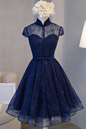 Navy Blue A-line High Neck Lace Short Sleeve Knee-length Homecoming Dresses, MH259