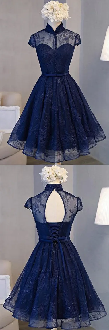 Navy Blue A-line High Neck Lace Short Sleeve Knee-length Homecoming Dresses, MH259