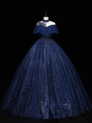Navy Blue High Neckline Ball Gown Tulle Party Dress, Shiny Tulle With Lace Prom Dress