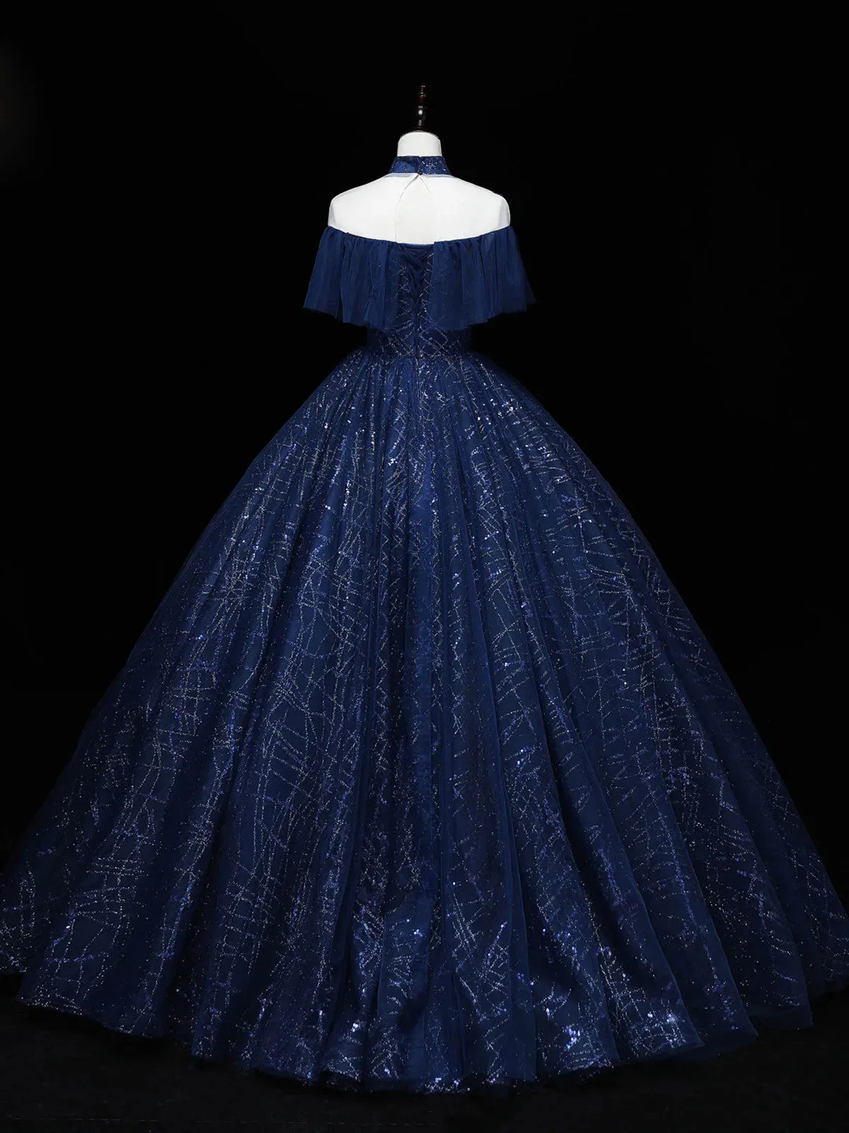 Navy Blue High Neckline Ball Gown Tulle Party Dress, Shiny Tulle With Lace Prom Dress