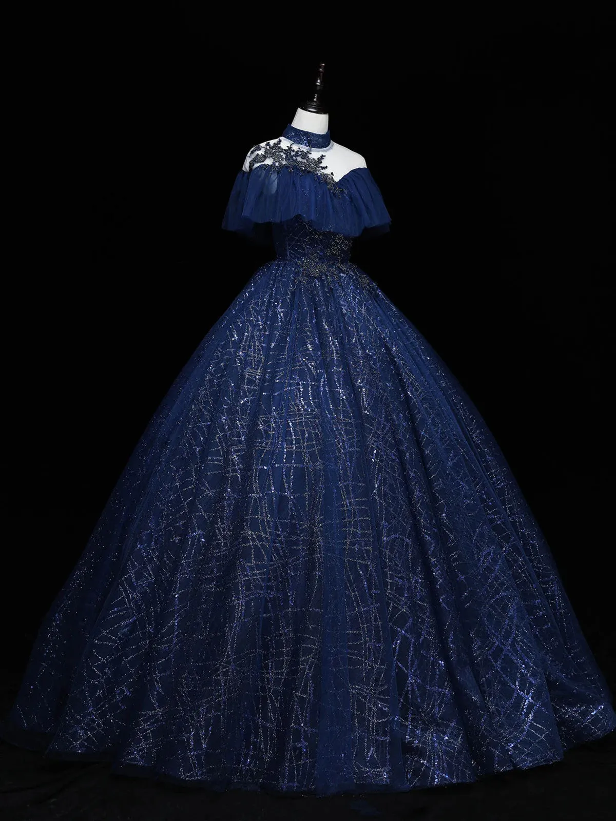 Navy Blue High Neckline Ball Gown Tulle Party Dress, Shiny Tulle With Lace Prom Dress