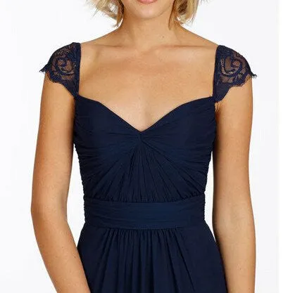 Navy Blue Long Open Back Cap Sleeve Sexy Chiffon Bridesmaid Dress OK189