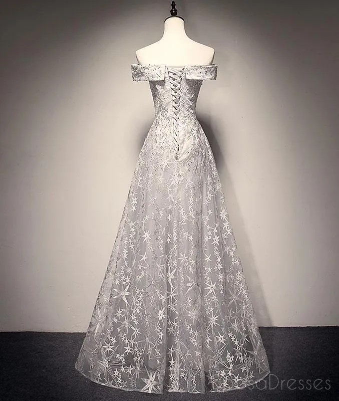 Off Shoulder Grey Lace A-line Long Evening Prom Dresses, Cheap Sweet 16 Dresses, 18407