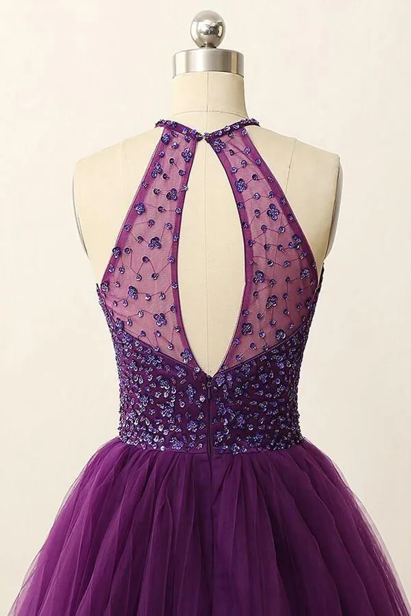 Open Back Illusion Back Purple Homecoming Dress With Sequins Crystal TR0077