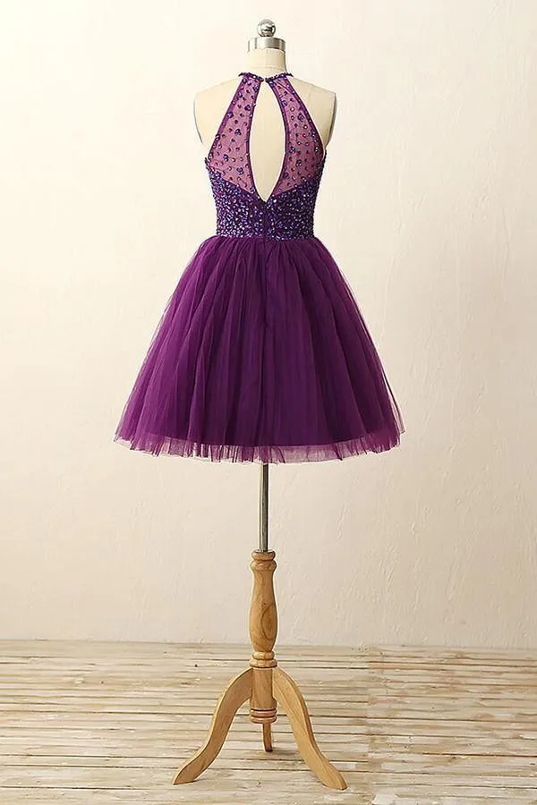 Open Back Illusion Back Purple Homecoming Dress With Sequins Crystal TR0077