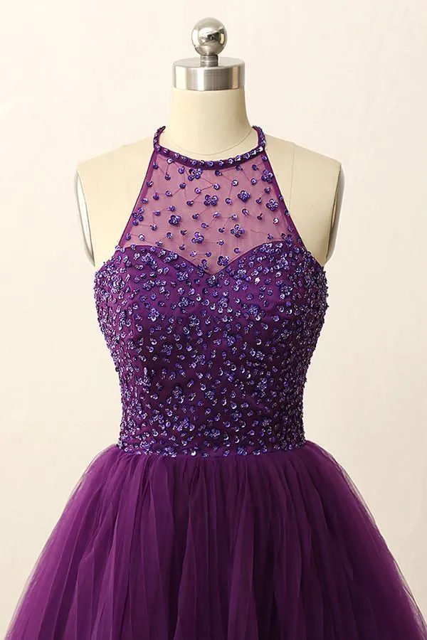 Open Back Illusion Back Purple Homecoming Dress With Sequins Crystal TR0077
