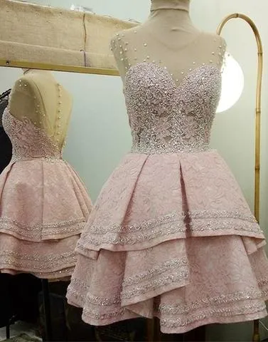 Pink A-line Rhinestone Illusion Homecoming Dress,Tired Homecoming Dress with Jewels, Short Pink Prom Homecoming Dress