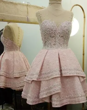 Pink A-line Rhinestone Illusion Homecoming Dress,Tired Homecoming Dress with Jewels, Short Pink Prom Homecoming Dress