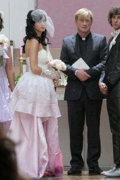 Pink Katy Perry High Low Spaghetti Straps Wedding Bridal Gown Layered Celebrity Dress For Sale
