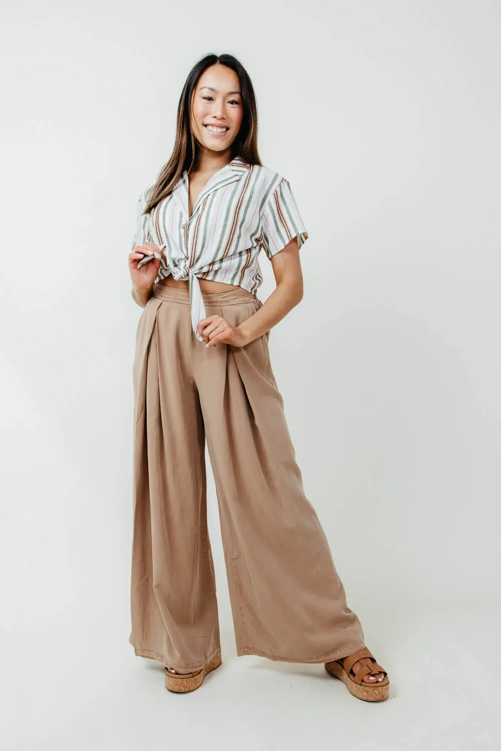 Pintucked Flowy Wide Leg Pants for Women in Taupe | MAP2181-TAN