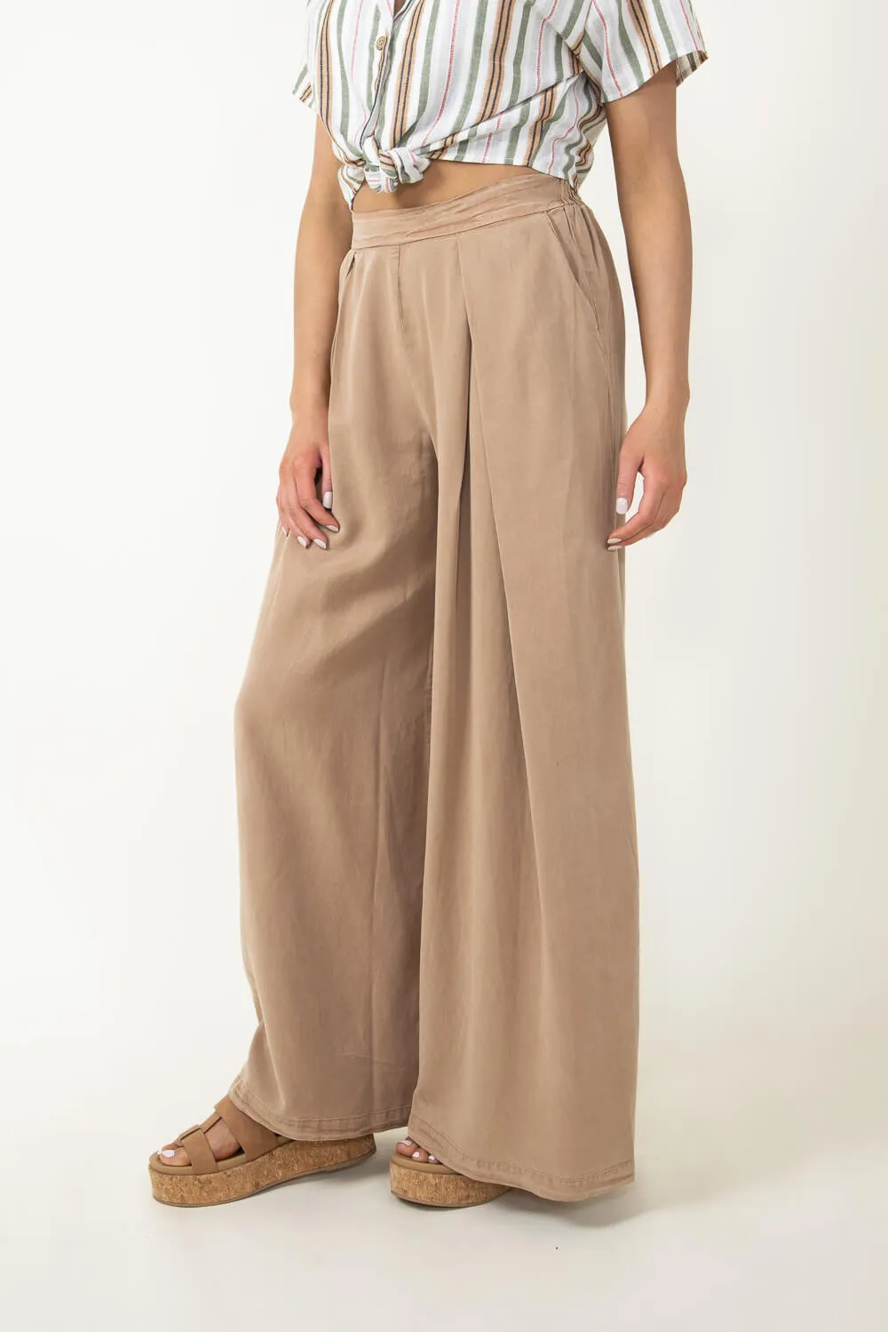 Pintucked Flowy Wide Leg Pants for Women in Taupe | MAP2181-TAN