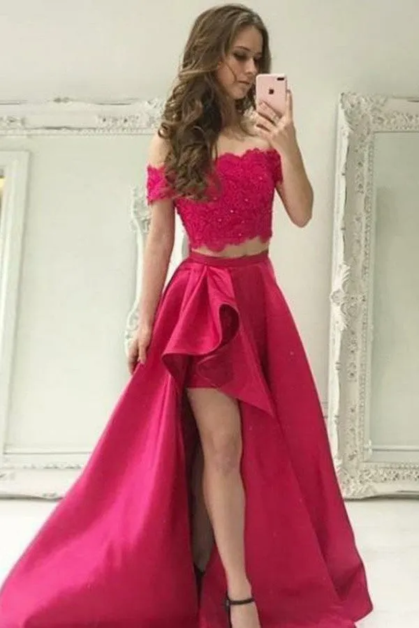 Red Beaded Lace Two Piece Off-the-Shoulder High Low Satin Prom Dresses, SP361