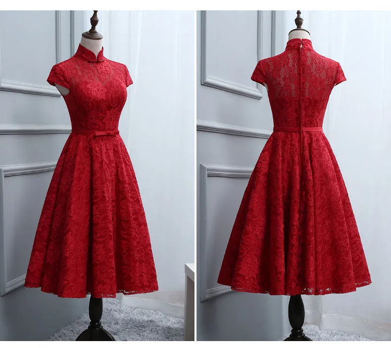 Red Lace Knee Length High Neckline Party Dress, Lace Homecoming Dresses