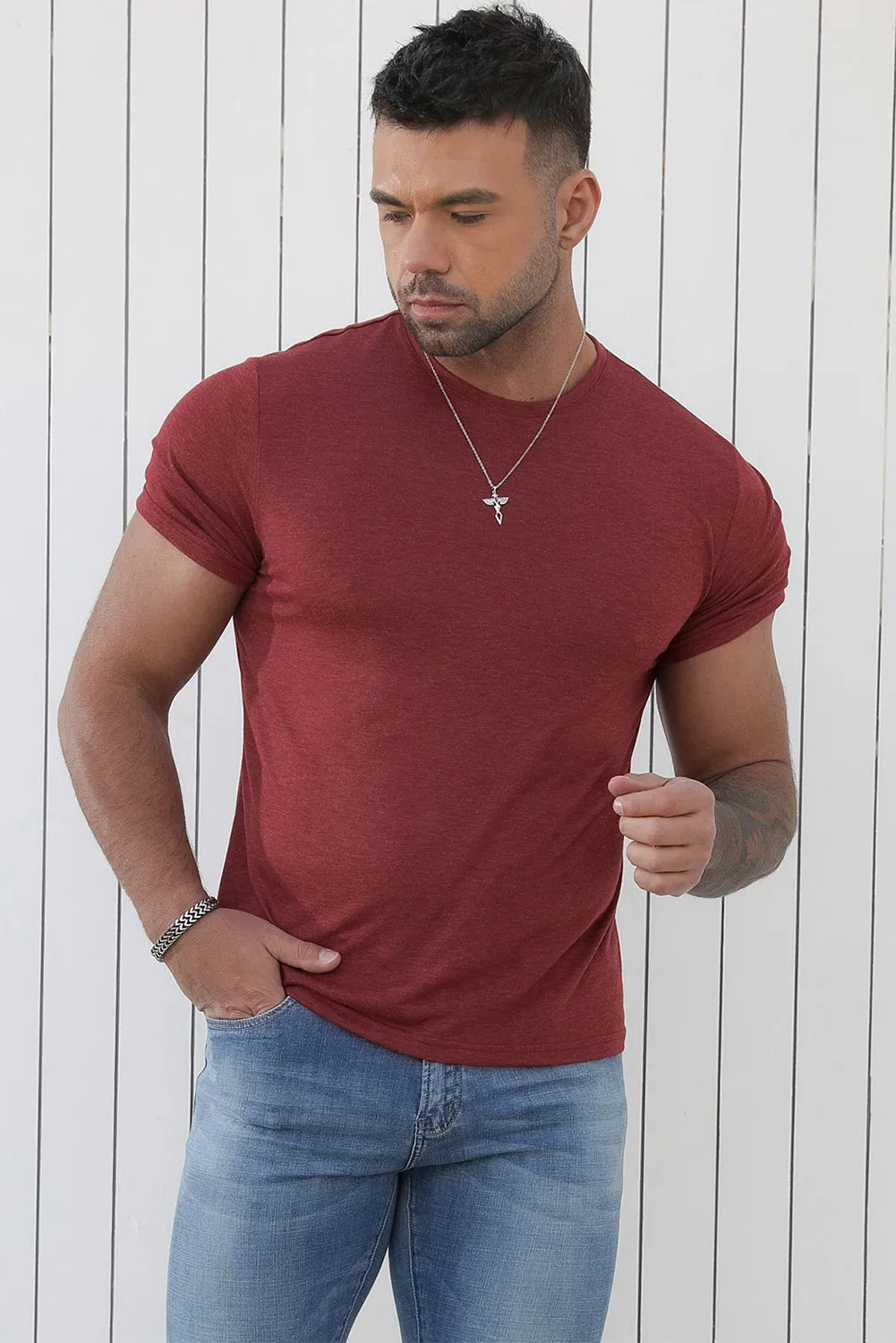Red Solid Basic Crewneck Short Sleeve Men's T-shirt