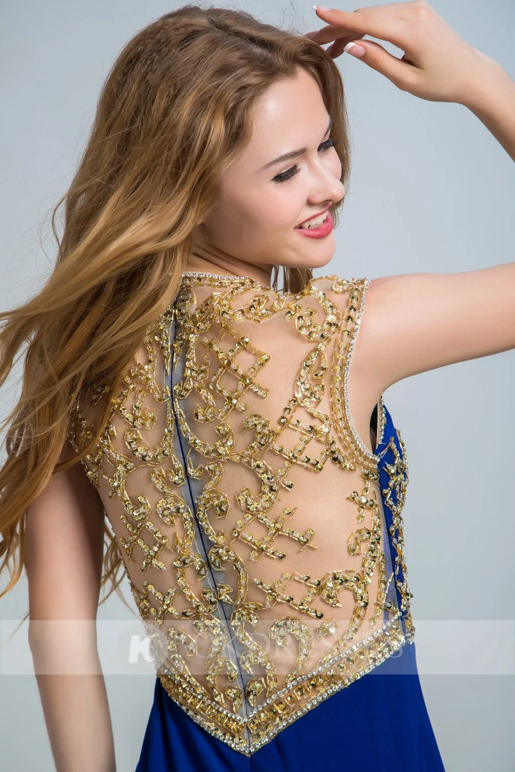 Royal Blue Long Formal Sexy Chiffon Beading Split Prom Evening Dress OK251