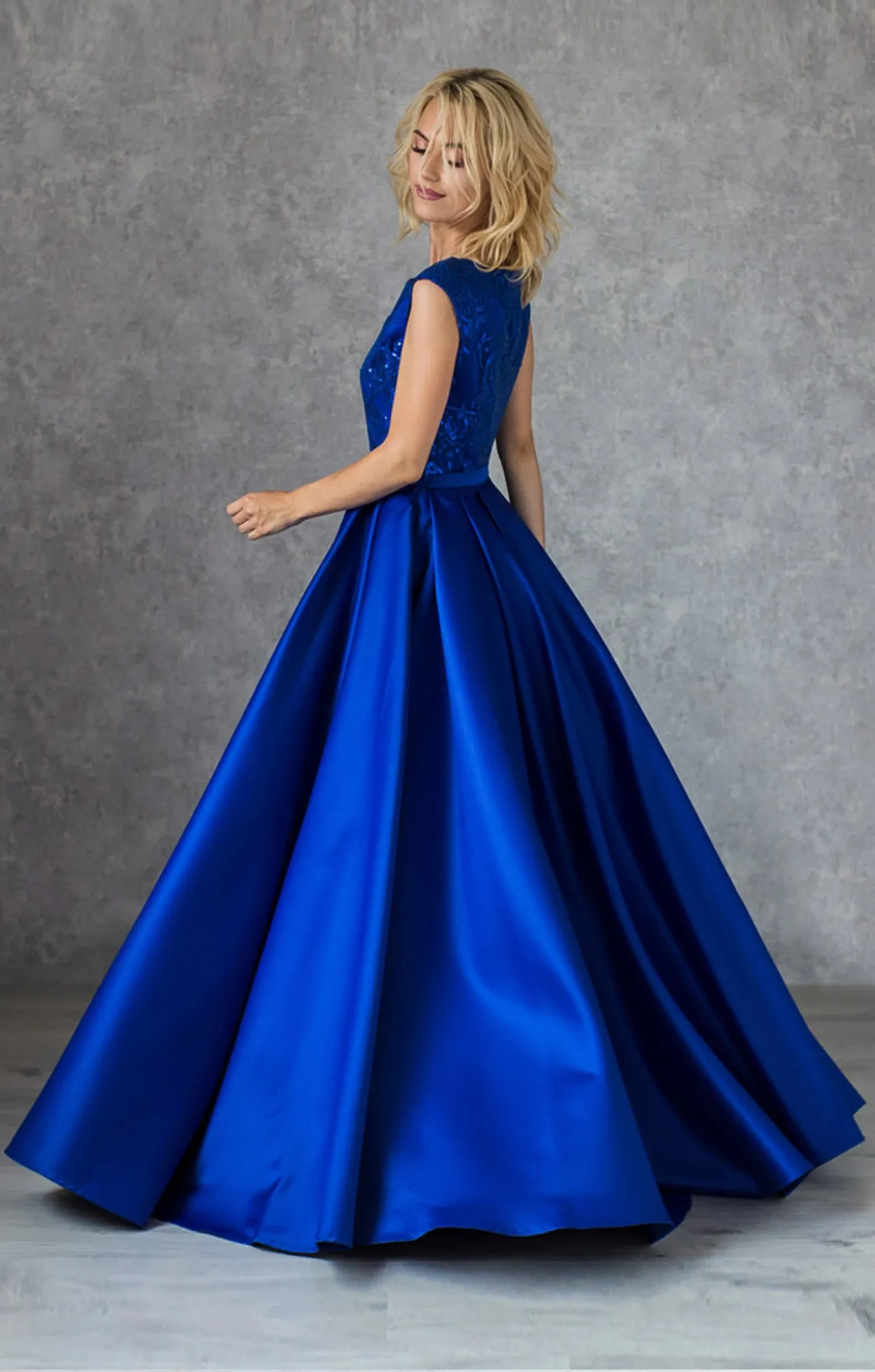 Royal Blue Modest  Evening Dress,Silk Satin Evening dresses,Blue Lace  Prom Dress