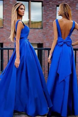 Sexy A-Line V-Neck Sweep Train Backless Royal Blue Prom Dresses with Bowknot Pleats OK340