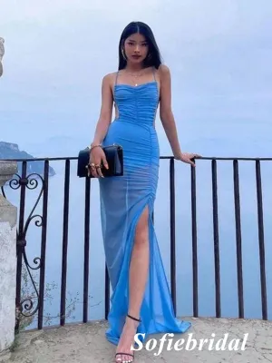 Sexy Blue Chiffon Spaghetti Straps Sleeveless Side Slit Mermaid Floor Length Prom Dress, PD01047