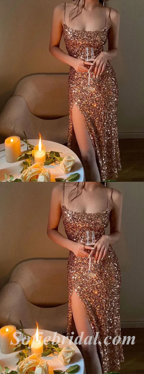 Sexy Charming Sequin Spaghetti Straps Sleeveless Side Slit Sheath Ankle Length Prom Dresses,SFPD0525