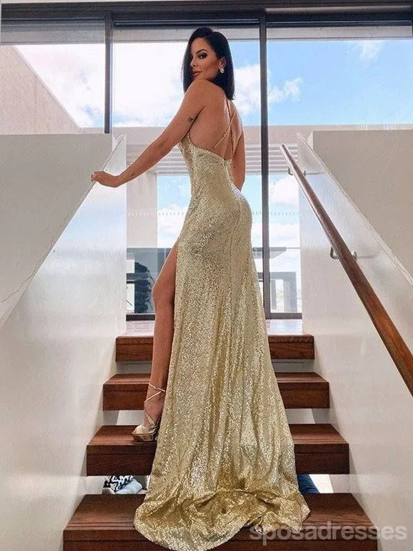 Sexy Gold Mermaid Spaghetti Straps High Slit Maxi Long Prom Dresses,13255
