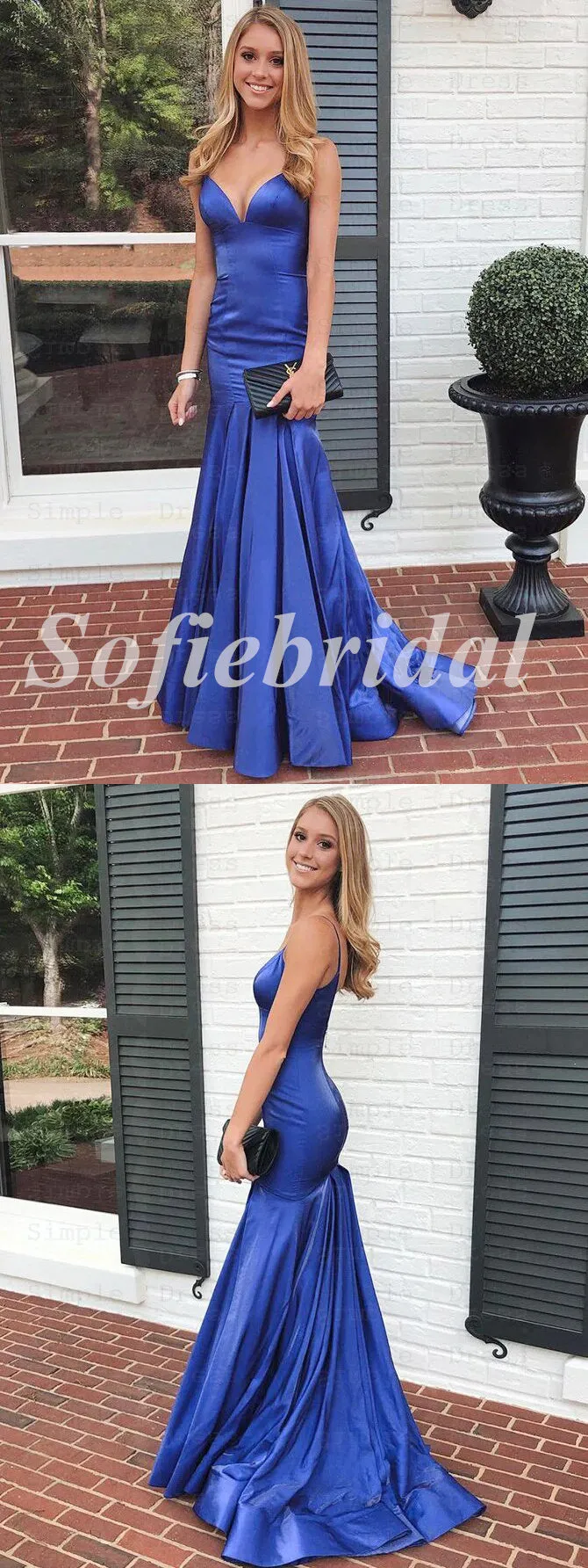 Sexy Royal Blue Soft Satin Spaghetti Straps V-Neck Sleeveless Mermaid Long Prom Dresses,SFPD0631