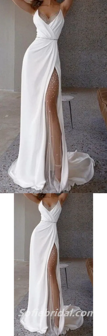 Sexy Satin Tulle V-Neck Spaghetti Strps Mermaid Long Prom Dresses,SFPD0308