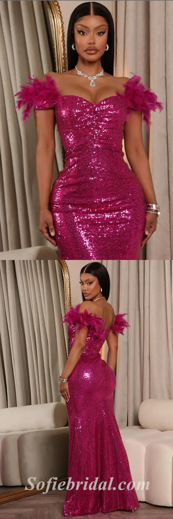 Sexy Sequin Off Shoulder V-Neck Sleeveless Mermaid Long Prom Dresses With Feather,SFPD0461