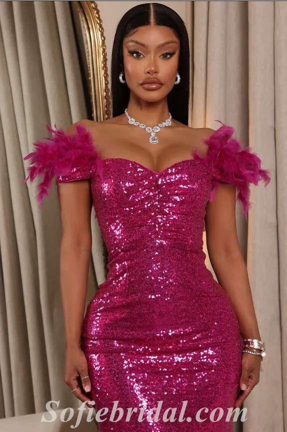 Sexy Sequin Off Shoulder V-Neck Sleeveless Mermaid Long Prom Dresses With Feather,SFPD0461