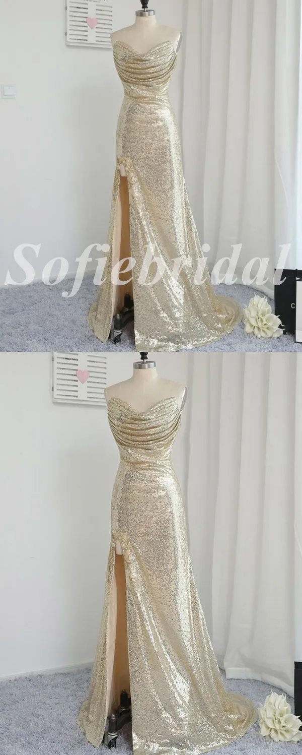 Sexy Sequin Sweetheart V-Neck Sleeveless Side Slit Mermaid Long Prom Dresses, PD0838