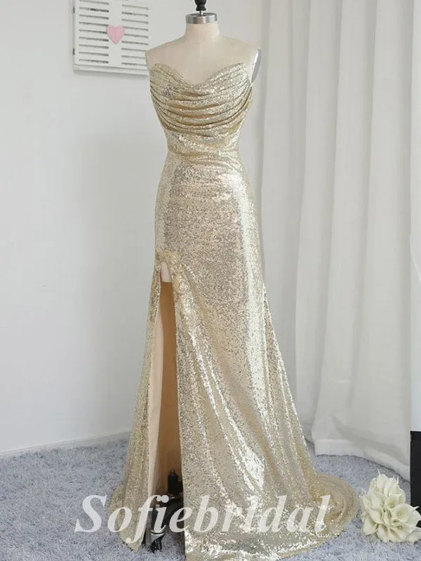Sexy Sequin Sweetheart V-Neck Sleeveless Side Slit Mermaid Long Prom Dresses, PD0838
