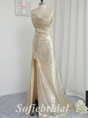 Sexy Sequin Sweetheart V-Neck Sleeveless Side Slit Mermaid Long Prom Dresses, PD0838