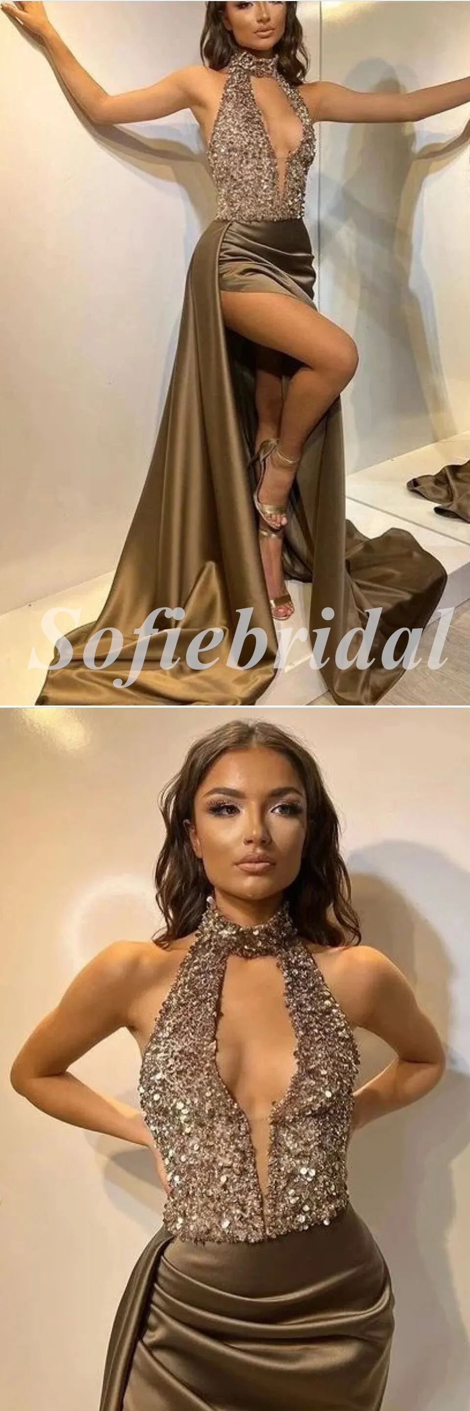 Sexy Sequin Top Satin Bottom High Neck Sleeveless Side Slit Mermaid Long Prom Dresses With Trailing,SFPD0619