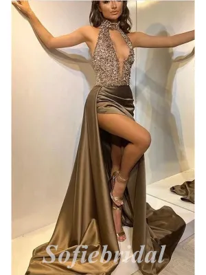Sexy Sequin Top Satin Bottom High Neck Sleeveless Side Slit Mermaid Long Prom Dresses With Trailing,SFPD0619