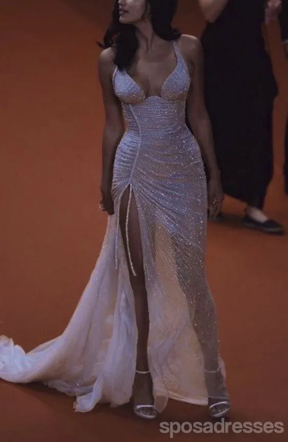 Sexy Sheath Spaghetti Straps High Slit Maxi Long Party Prom Dresses,13297