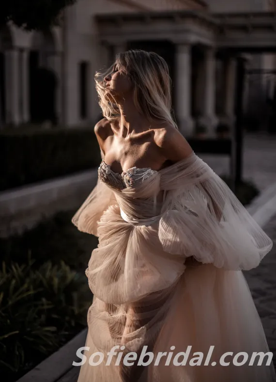 Sexy Tulle Off Shoulder Long Sleeve A-Line Long Wedding Dresses With Beading,SFWD0068