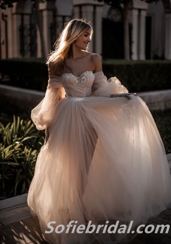 Sexy Tulle Off Shoulder Long Sleeve A-Line Long Wedding Dresses With Beading,SFWD0068