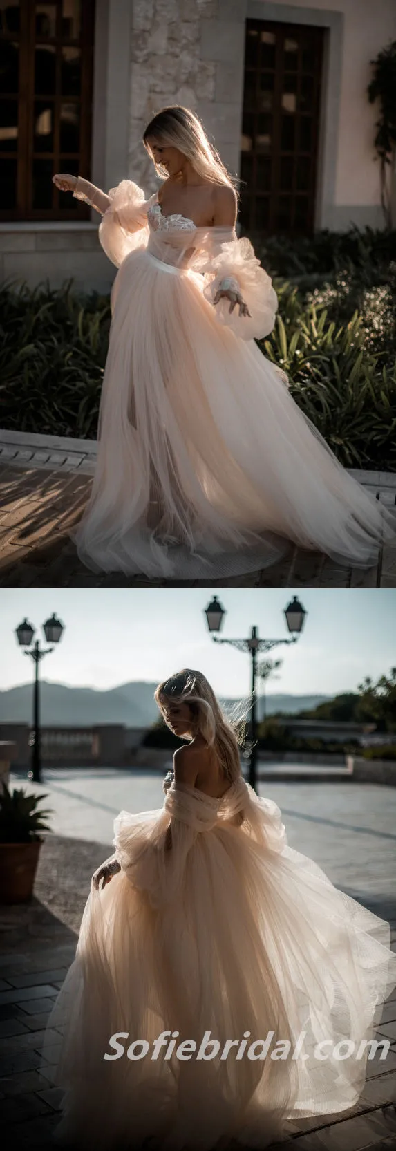 Sexy Tulle Off Shoulder Long Sleeve A-Line Long Wedding Dresses With Beading,SFWD0068