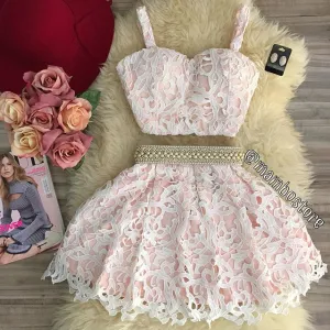 Sexy Two Piece Sweetheart Mini Pink Lace Homecoming Dress with Pearls