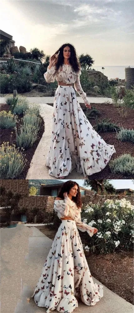 Sexy Two Pieces Off Shoulder Butterflies Floral Printed Maxi Dress Prom Dresses,SFPD0190