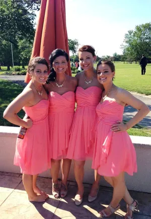 Short Bridesmaid Dress,Coral Bridesmaid Dress,Custom Strapless Bridesmaid Dress,Tired Skirt Chiffon Bridesmaid Dress