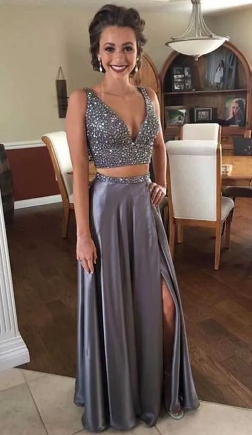 Silver Two Piece Beaded Graduation Dress,Two Piece Slit Prom Party Dress, M176
