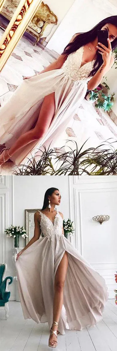 Simple Chiffon A-line V-neck Lace Prom Dress Evening Dresses with Side Slit, SP476