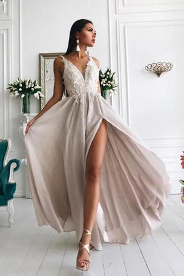 Simple Chiffon A-line V-neck Lace Prom Dress Evening Dresses with Side Slit, SP476
