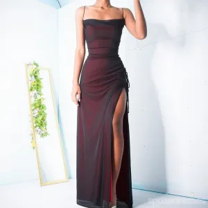 Simple Red Sheath Spaghetti Straps High Slit Long Bridesmaid Dresses Online,WG1200
