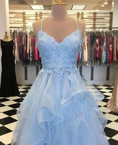 Sky Blue Tulle Spaghetti Straps V-neck Ruffle Skirt Long Prom Dresses, SP464